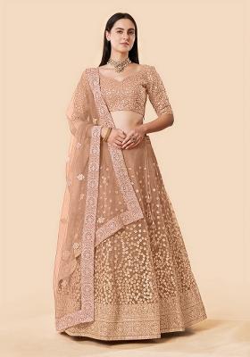 Brown Sequence Work Net Lehenga Set