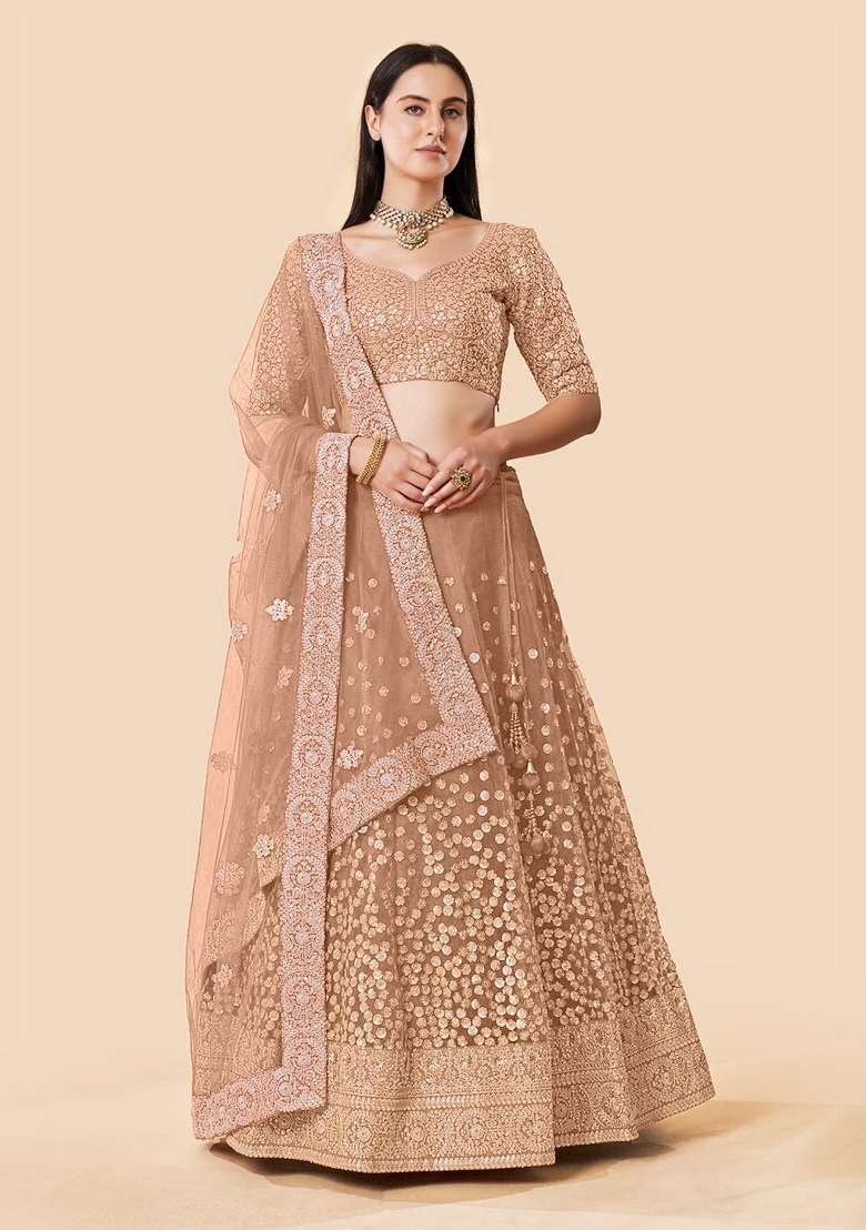 Brown Sequence Work Net Lehenga Set for Diwali | Wedding & Festive Wear - Indya