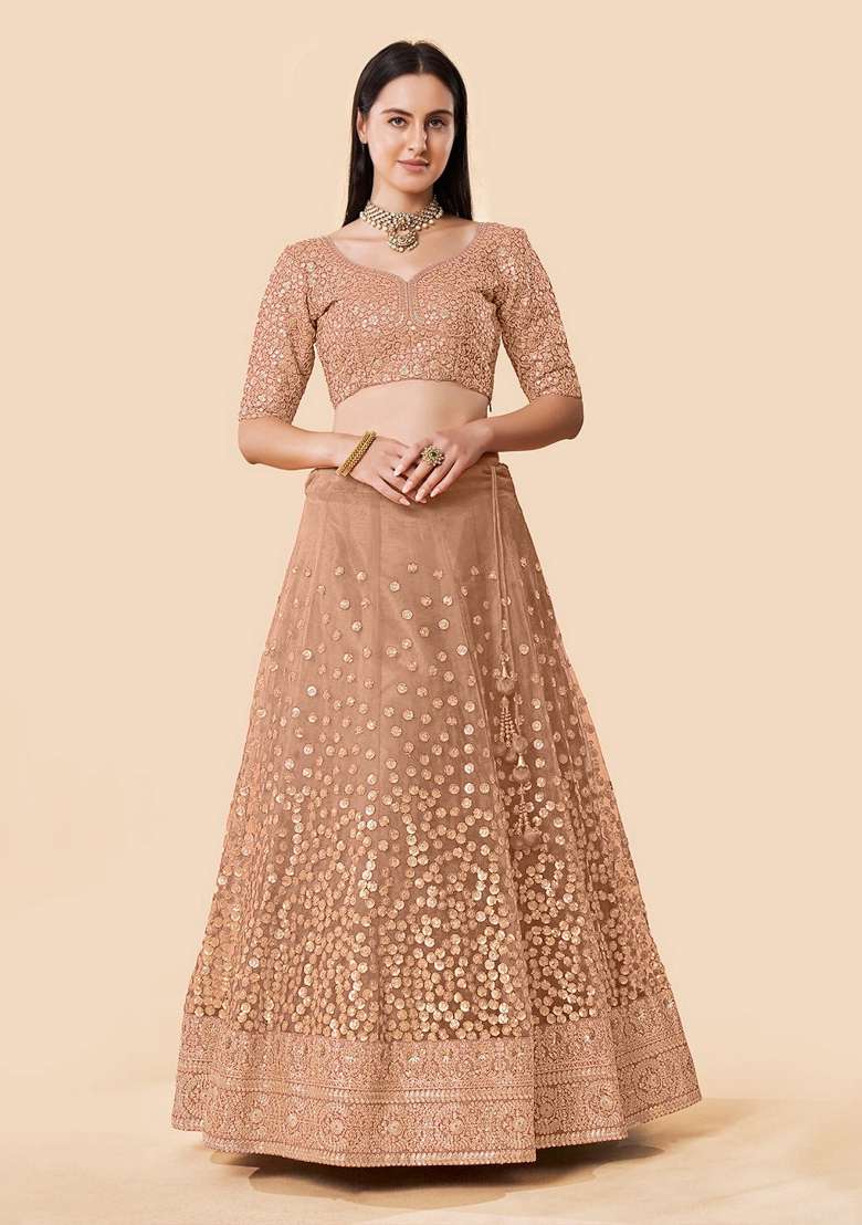 Brown Sequence Work Net Lehenga Set for Diwali | Wedding & Festive Wear - Indya