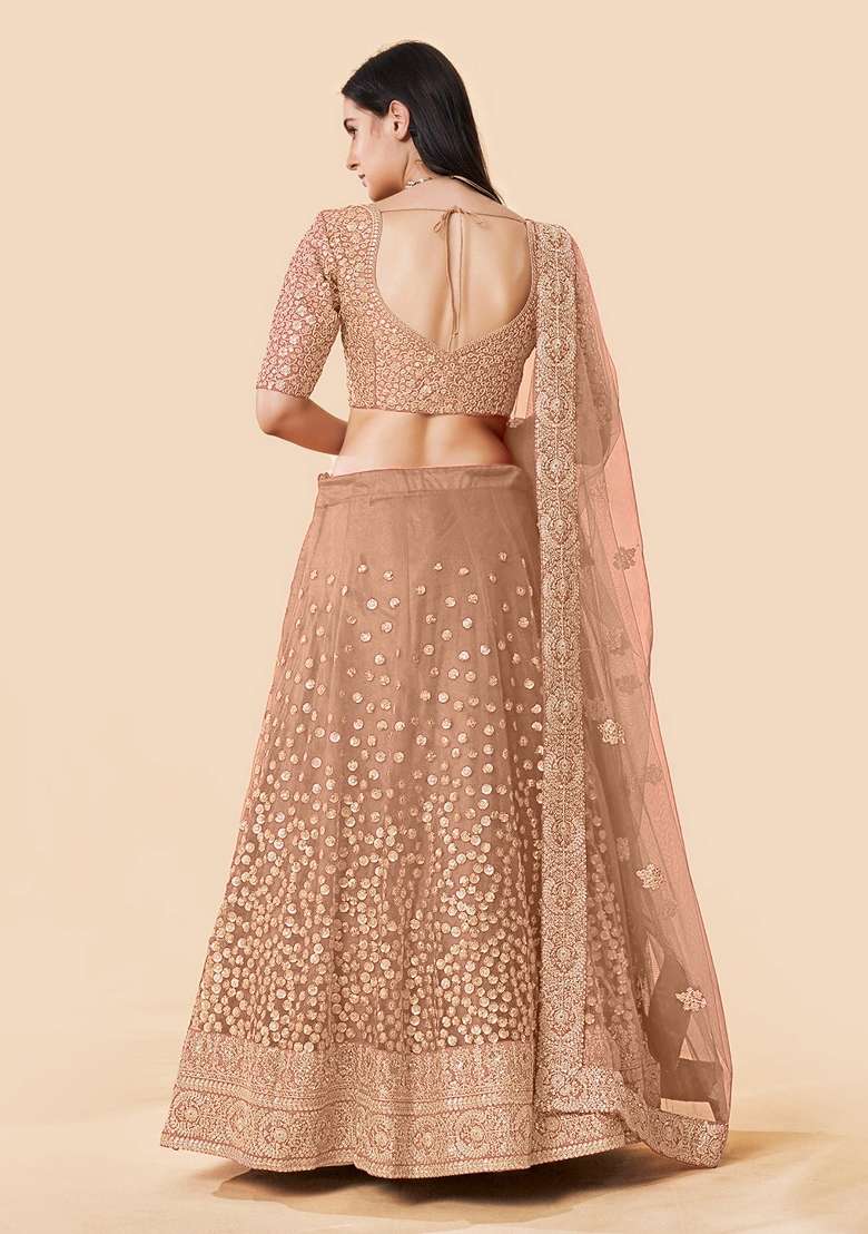 Brown Sequence Work Net Lehenga Set for Diwali | Wedding & Festive Wear - Indya