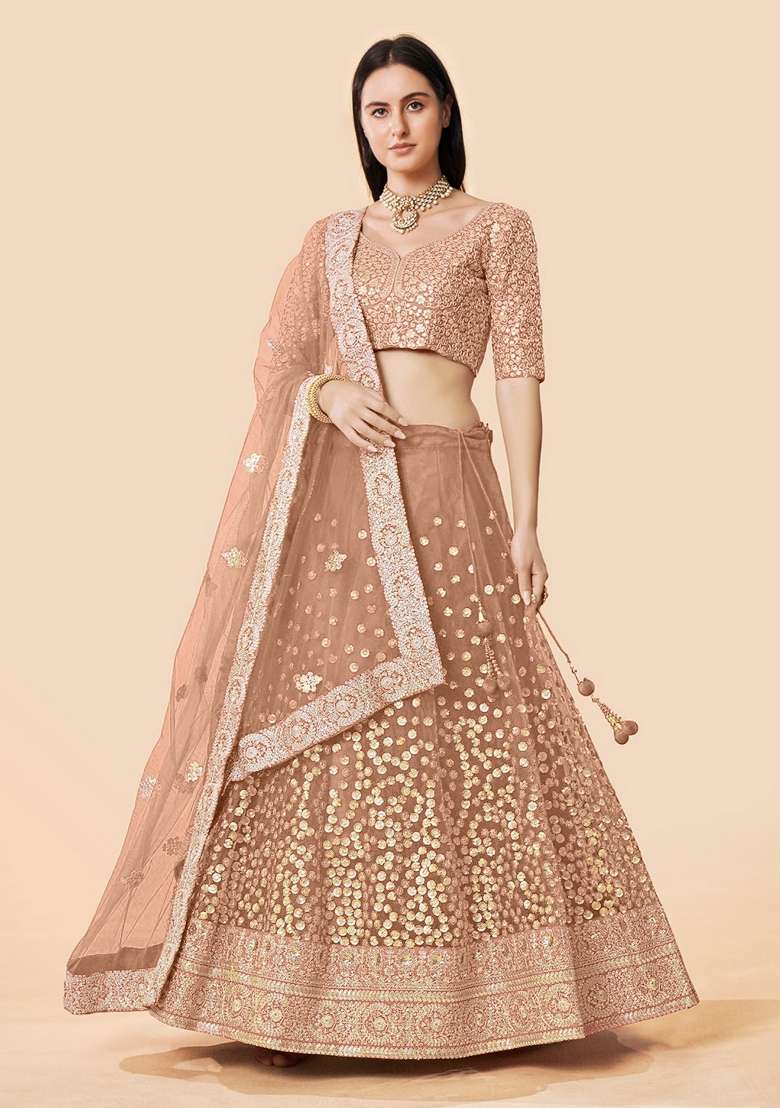 Brown Sequence Work Net Lehenga Set for Diwali | Wedding & Festive Wear - Indya