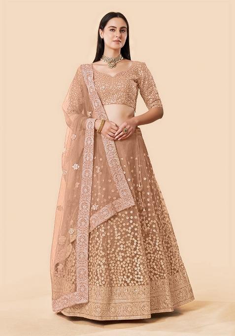 Brown Sequence Work Net Lehenga Set