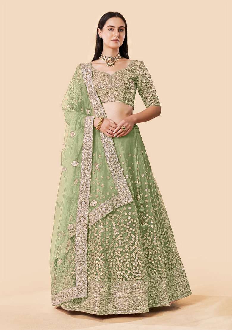 Green Sequence Work Net Lehenga Set for Diwali and Festive Wear - Indya