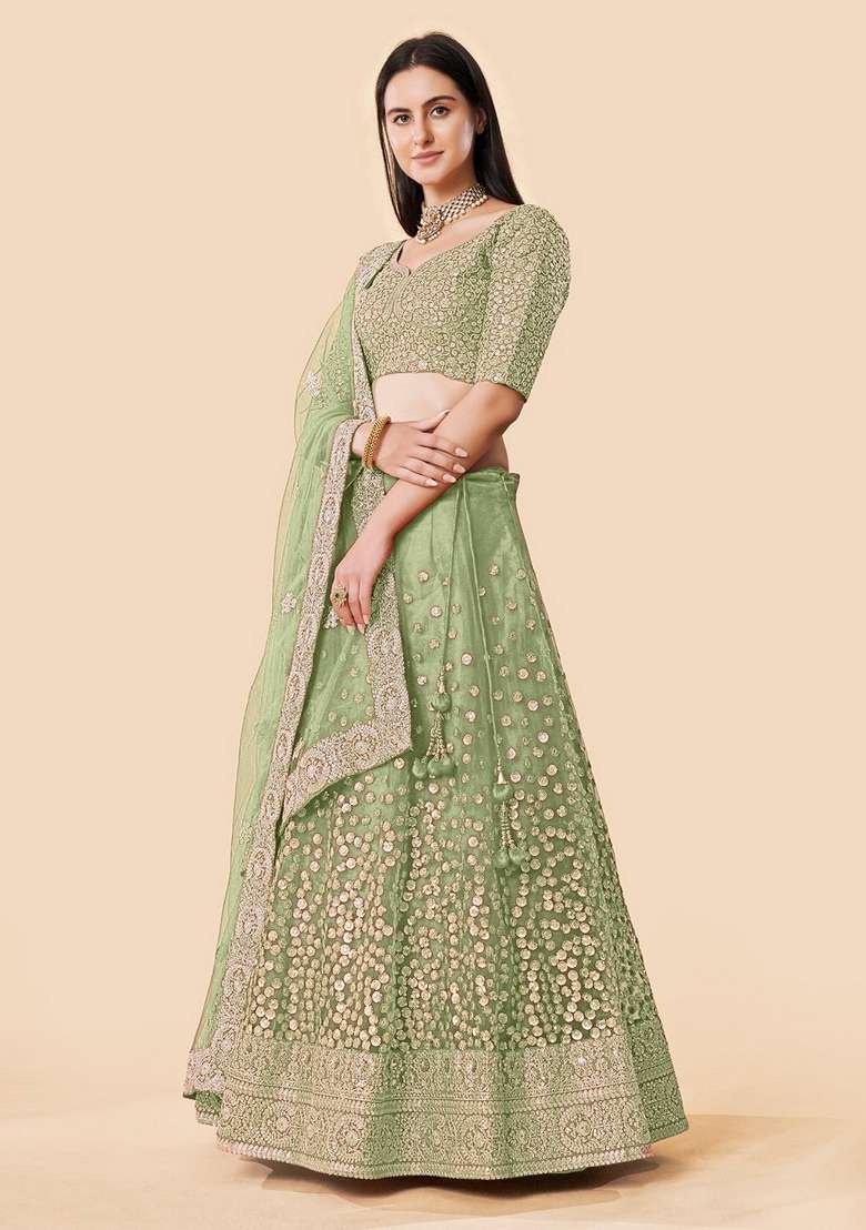 Green Sequence Work Net Lehenga Set for Diwali and Festive Wear - Indya
