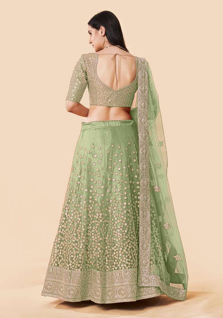 Green Sequence Work Net Lehenga Set for Diwali and Festive Wear - Indya
