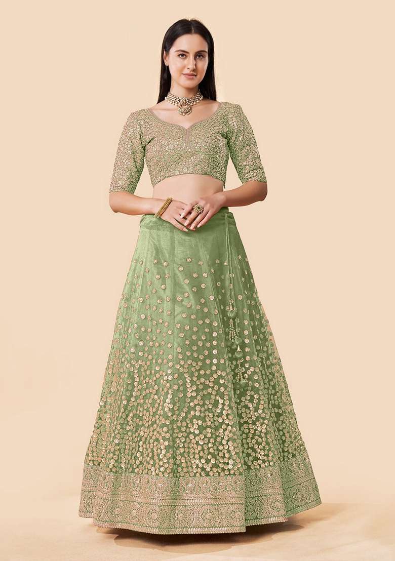 Green Sequence Work Net Lehenga Set for Diwali and Festive Wear - Indya