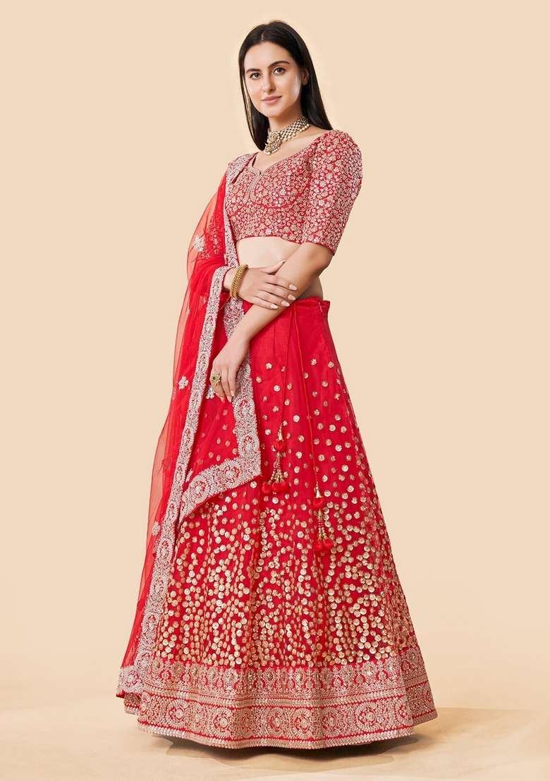 Red Sequence Work Net Lehenga Set for Diwali and Festive Wear - Indya