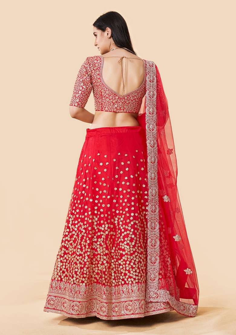 Red Sequence Work Net Lehenga Set for Diwali and Festive Wear - Indya