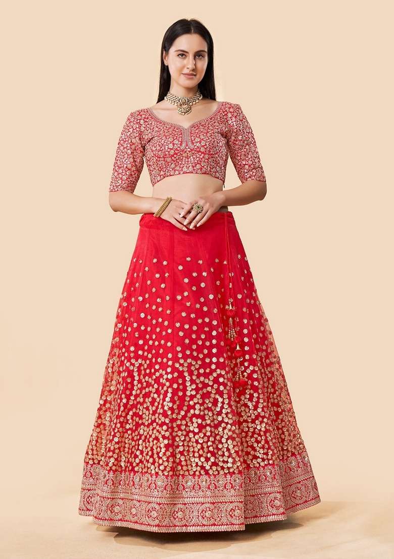 Red Sequence Work Net Lehenga Set for Diwali and Festive Wear - Indya