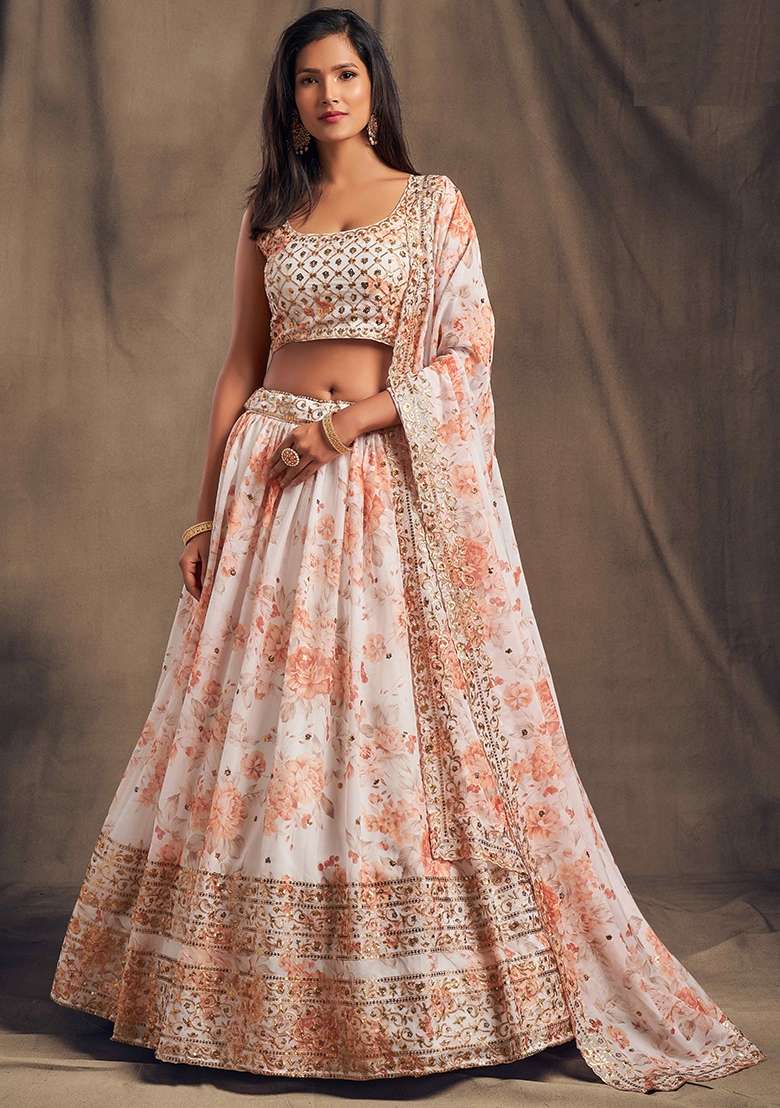 White Organza Lehenga Set with Embroidery for Diwali | Wedding & Festive Wear - Indya