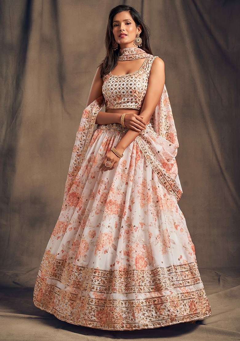 White Organza Lehenga Set with Embroidery for Diwali | Wedding & Festive Wear - Indya