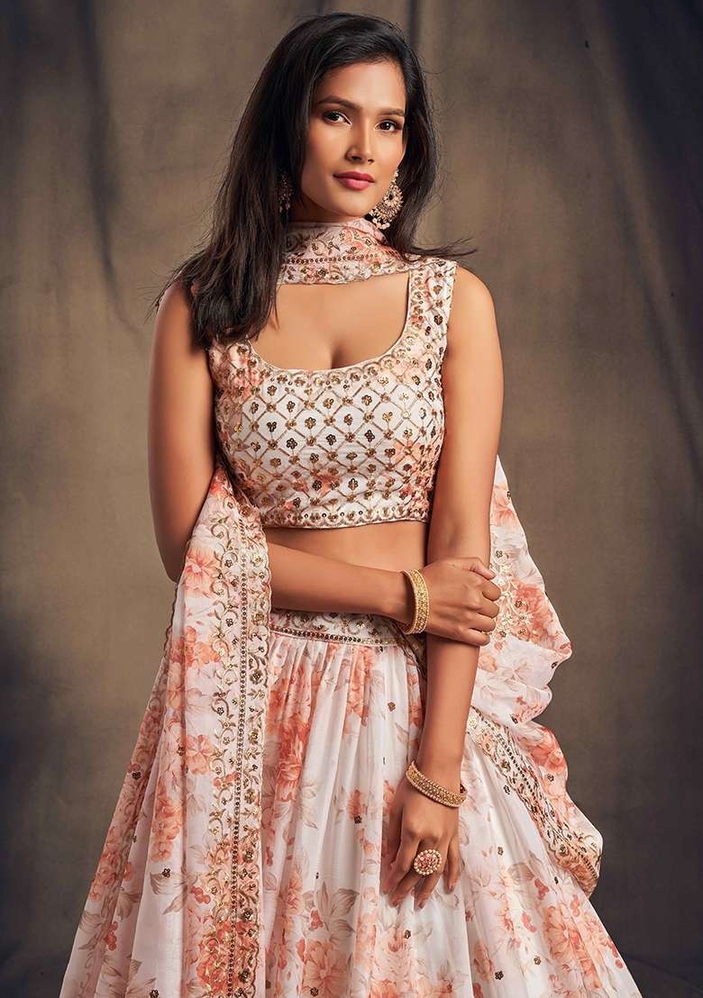 White Organza Lehenga Set with Embroidery for Diwali | Wedding & Festive Wear - Indya