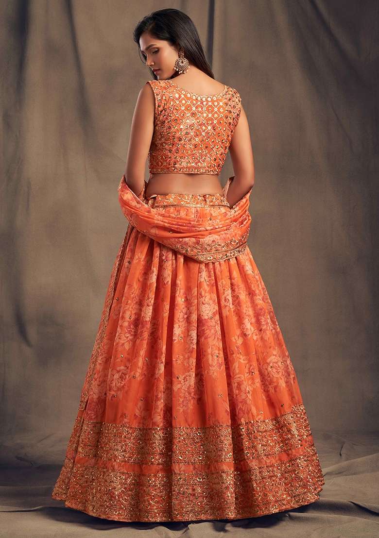 Orange Organza Lehenga Set with Embroidery for Diwali | Wedding & Festive Wear - Indya