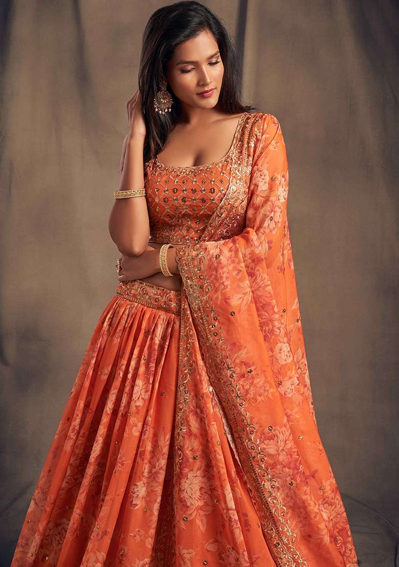 Orange Organza Lehenga Set with Embroidery for Diwali | Wedding & Festive Wear - Indya