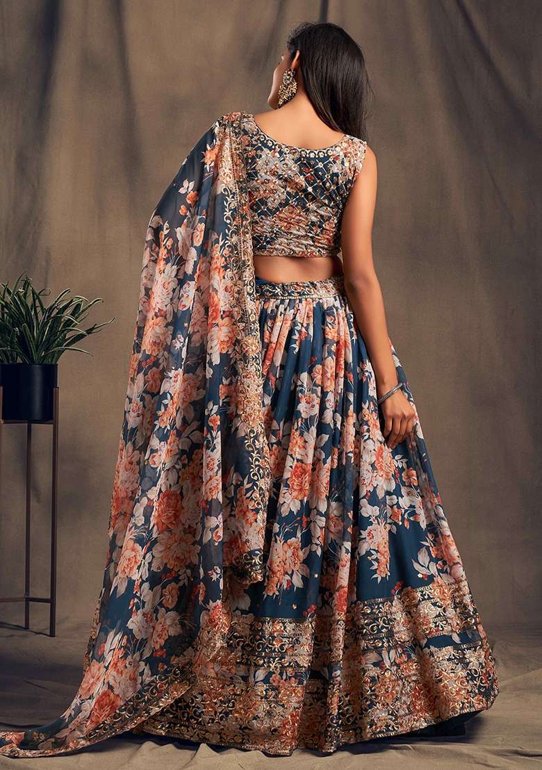 Dove Blue Organza Lehenga Set with Embroidery for Diwali | Wedding & Festive Wear - Indya