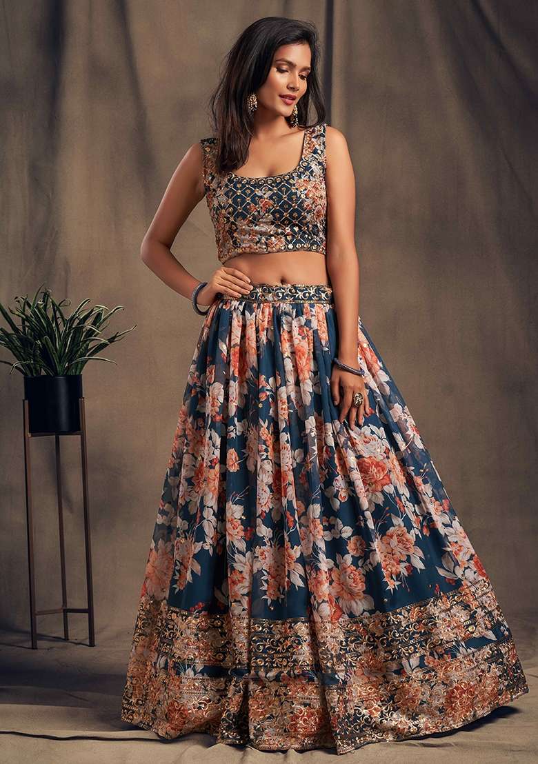 Dove Blue Organza Lehenga Set with Embroidery for Diwali | Wedding & Festive Wear - Indya