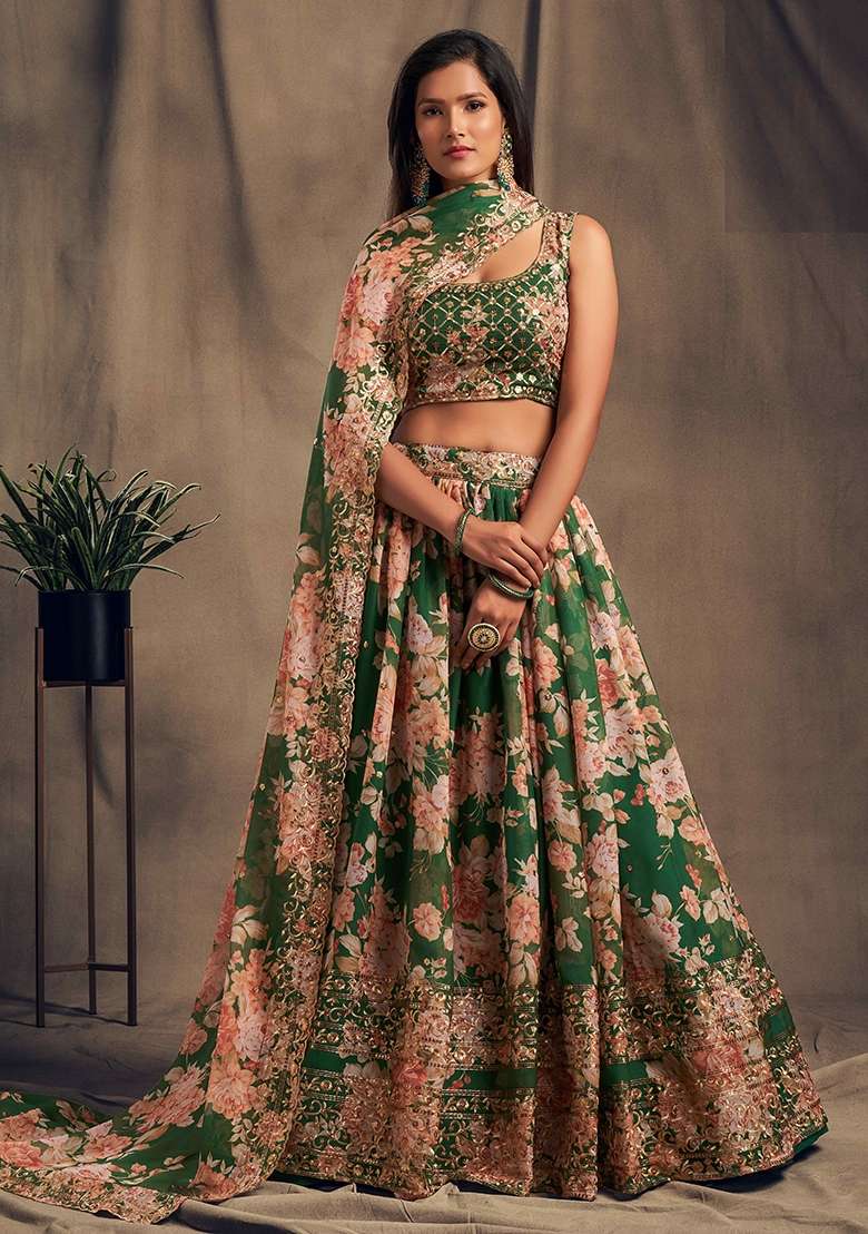 Green Embroidery Organza Lehenga Set for Diwali and Festive Wear - Indya