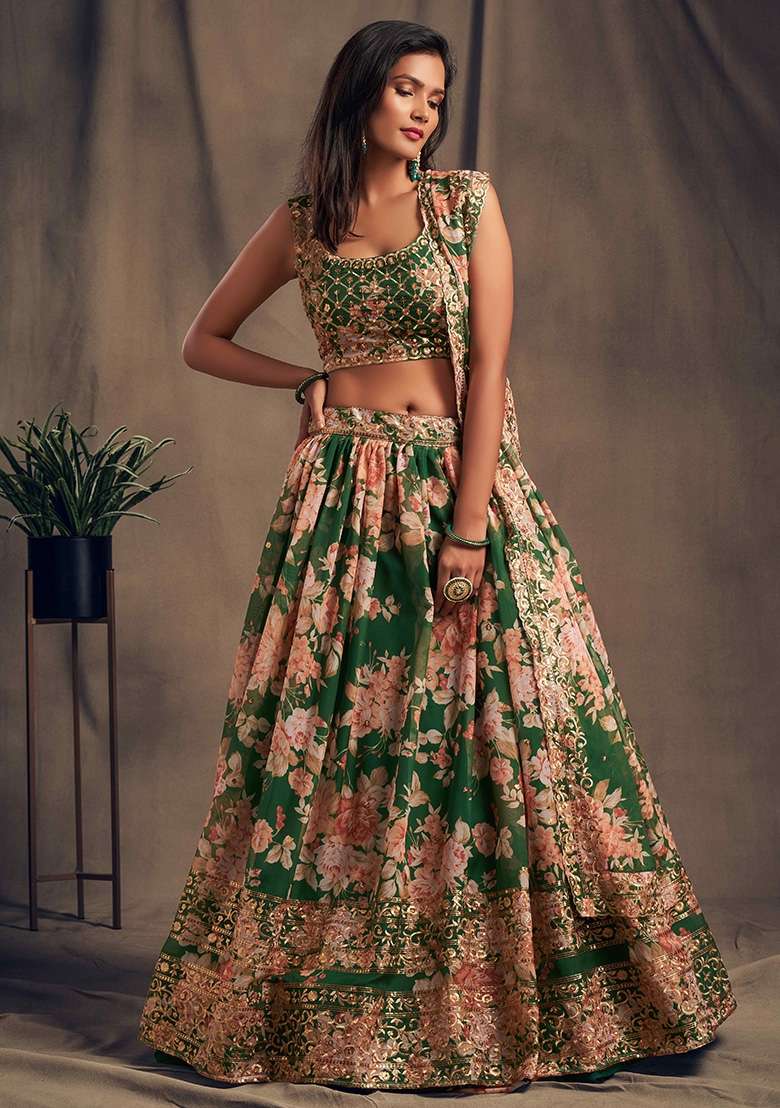 Green Embroidery Organza Lehenga Set for Diwali and Festive Wear - Indya