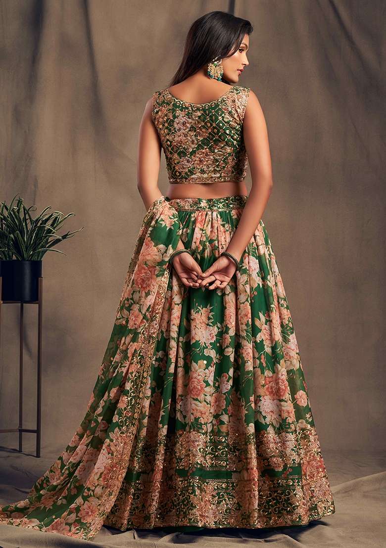 Green Embroidery Organza Lehenga Set for Diwali and Festive Wear - Indya