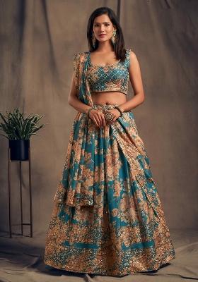 Turquoise Embroidery Organza Lehenga Set