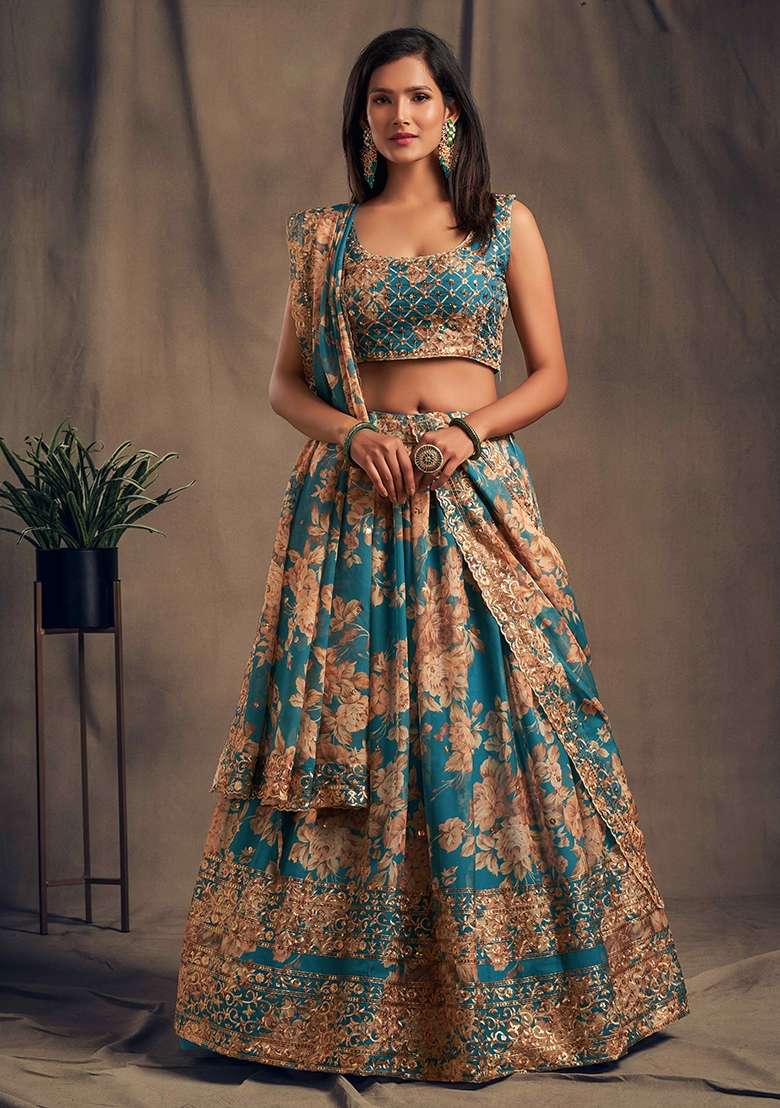 Turquoise Embroidery Organza Lehenga Set for Diwali and Festive Wear - Indya