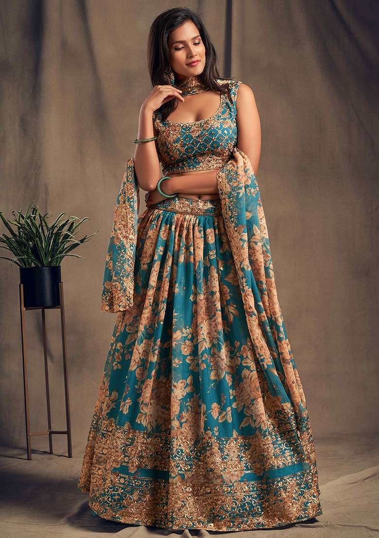 Turquoise Embroidery Organza Lehenga Set for Diwali and Festive Wear - Indya