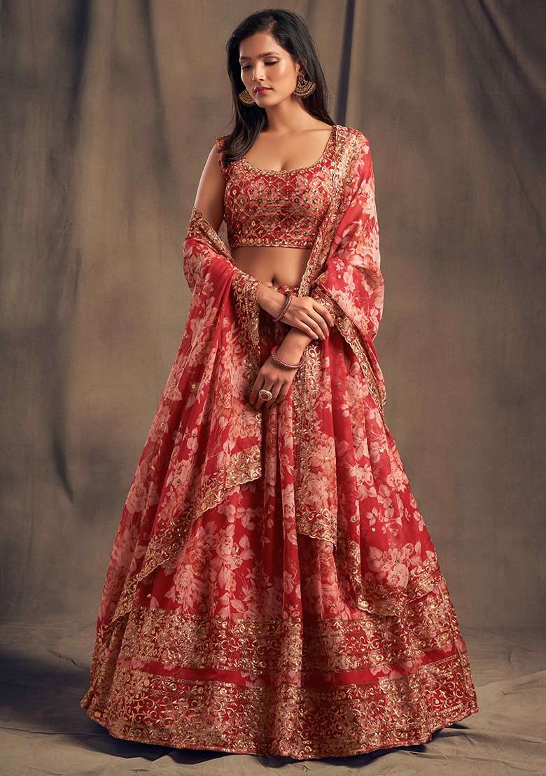 Red Organza Lehenga Set with Embroidery for Diwali | Wedding & Festive Wear - Indya