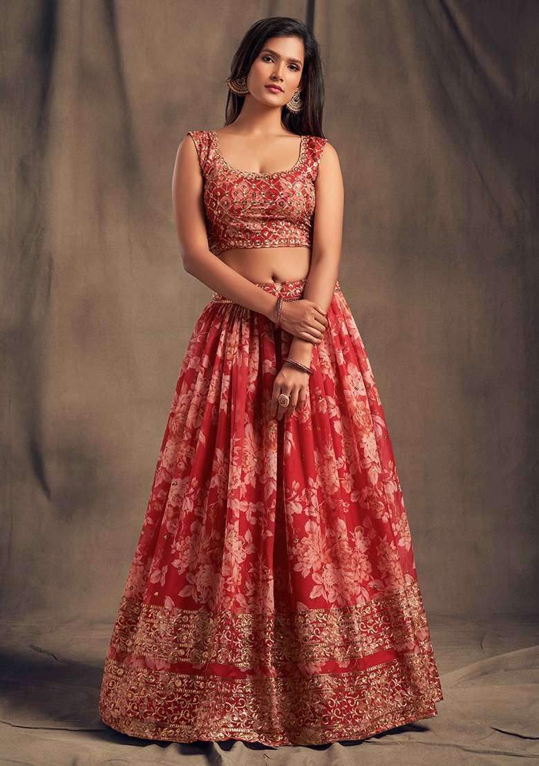 Red Organza Lehenga Set with Embroidery for Diwali | Wedding & Festive Wear - Indya