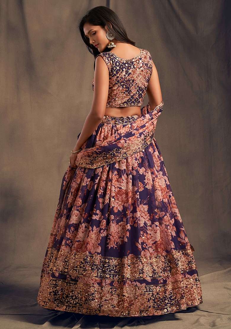 Purple Embroidery Organza Lehenga Set for Diwali and Festive Wear - Indya
