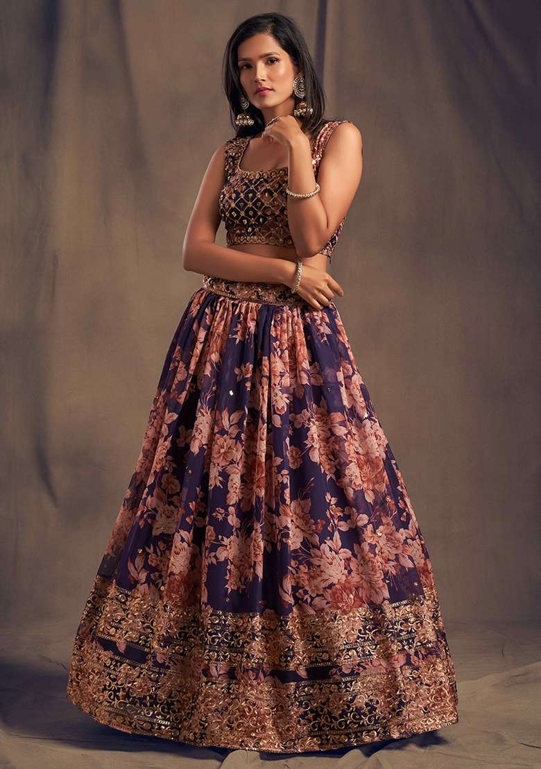 Purple Embroidery Organza Lehenga Set for Diwali and Festive Wear - Indya
