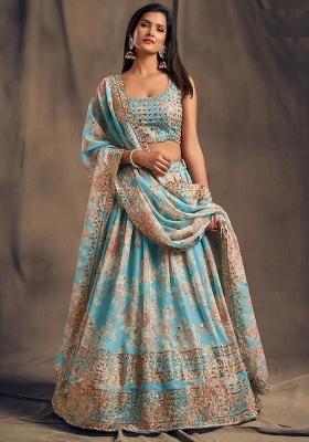 Sky Blue Embroidery Organza Lehenga Set