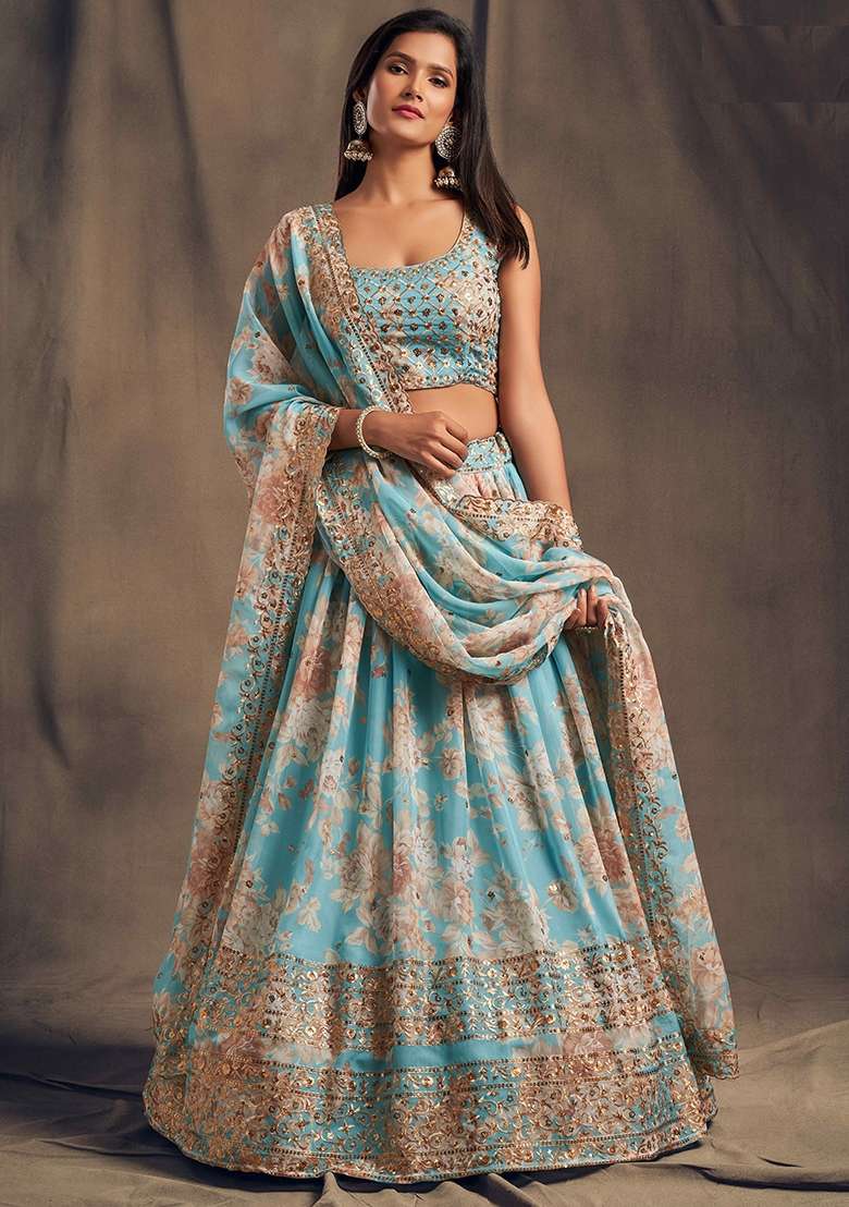 Sky Blue Embroidery Organza Lehenga Set for Diwali and Festive Wear - Indya