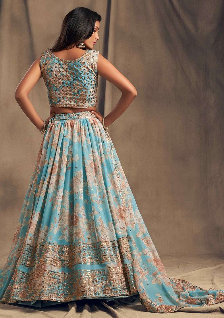Sky Blue Embroidery Organza Lehenga Set for Diwali and Festive Wear - Indya