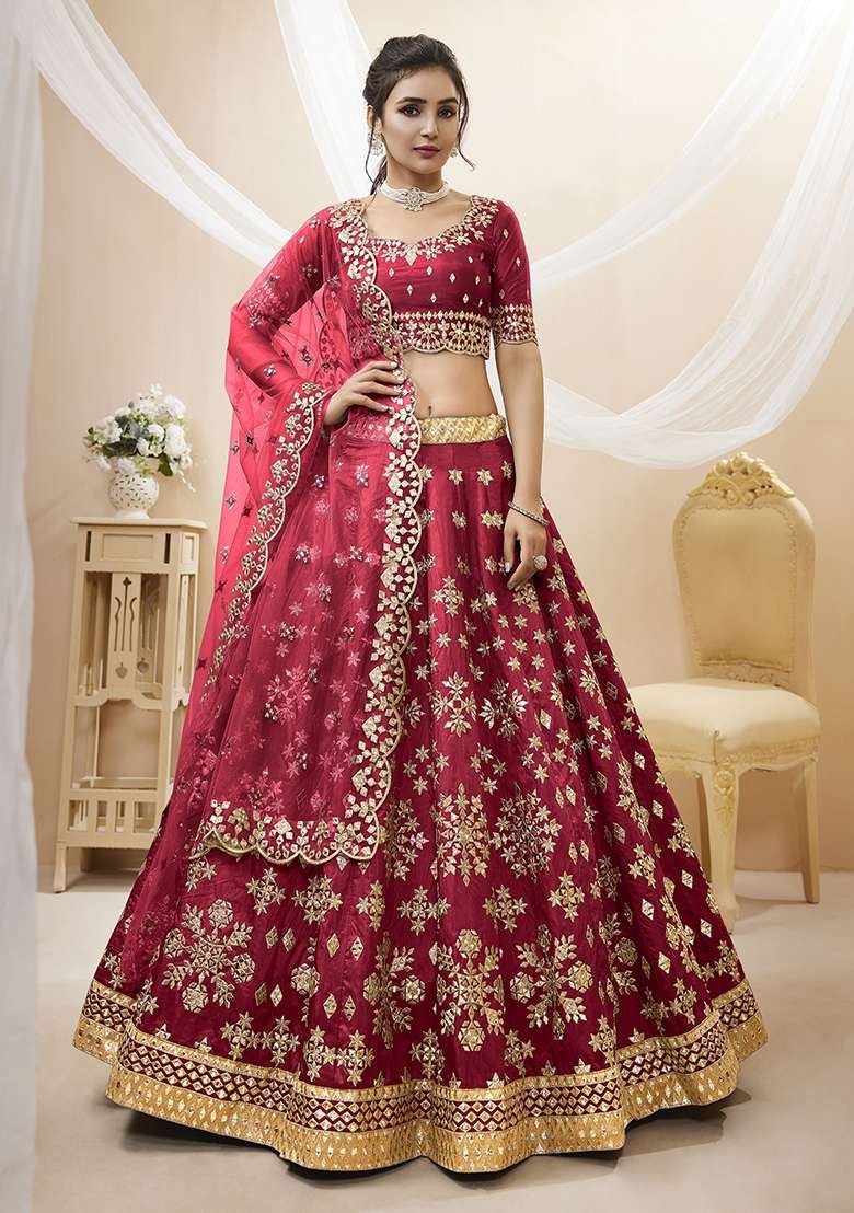 Maroon Silk Blend Lehenga Set with Embroidery for Diwali | Wedding & Festive Wear - Indya