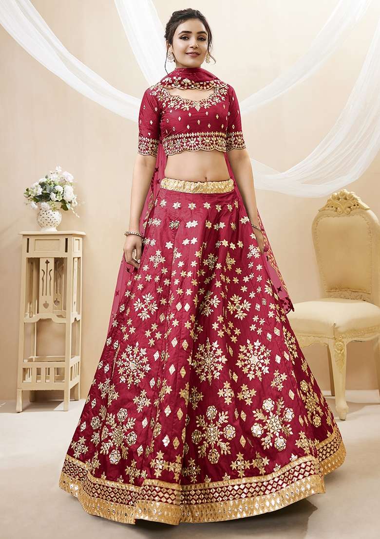 Maroon Silk Blend Lehenga Set with Embroidery for Diwali | Wedding & Festive Wear - Indya