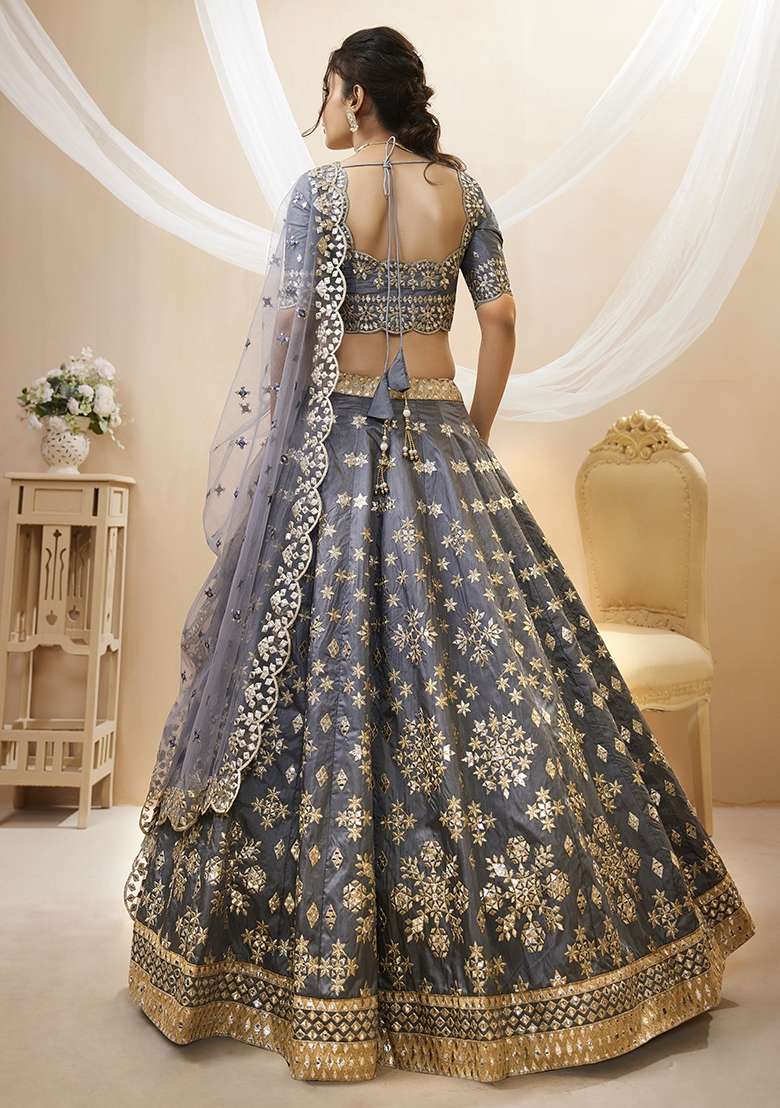 Grey Embroidery Silk Blend Lehenga Set for Diwali and Festive Wear - Indya