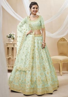Pista Green Embroidery Silk Lehenga Set