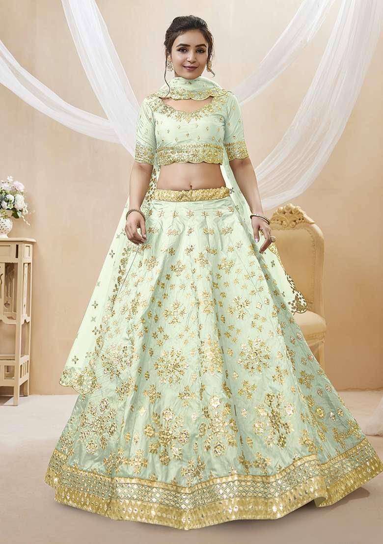Pista Green Embroidery Silk Blend Lehenga Set for Diwali and Festive Wear - Indya