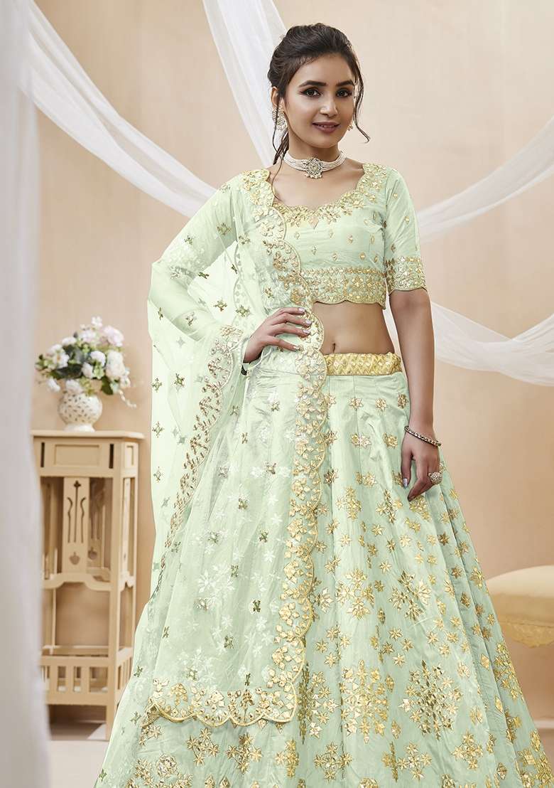 Pista Green Embroidery Silk Blend Lehenga Set for Diwali and Festive Wear - Indya