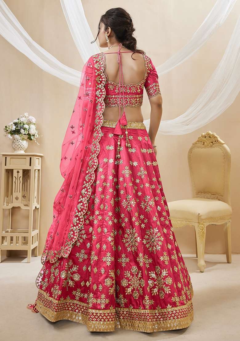 Pink Silk Blend Lehenga Set with Embroidery for Diwali | Wedding & Festive Wear - Indya