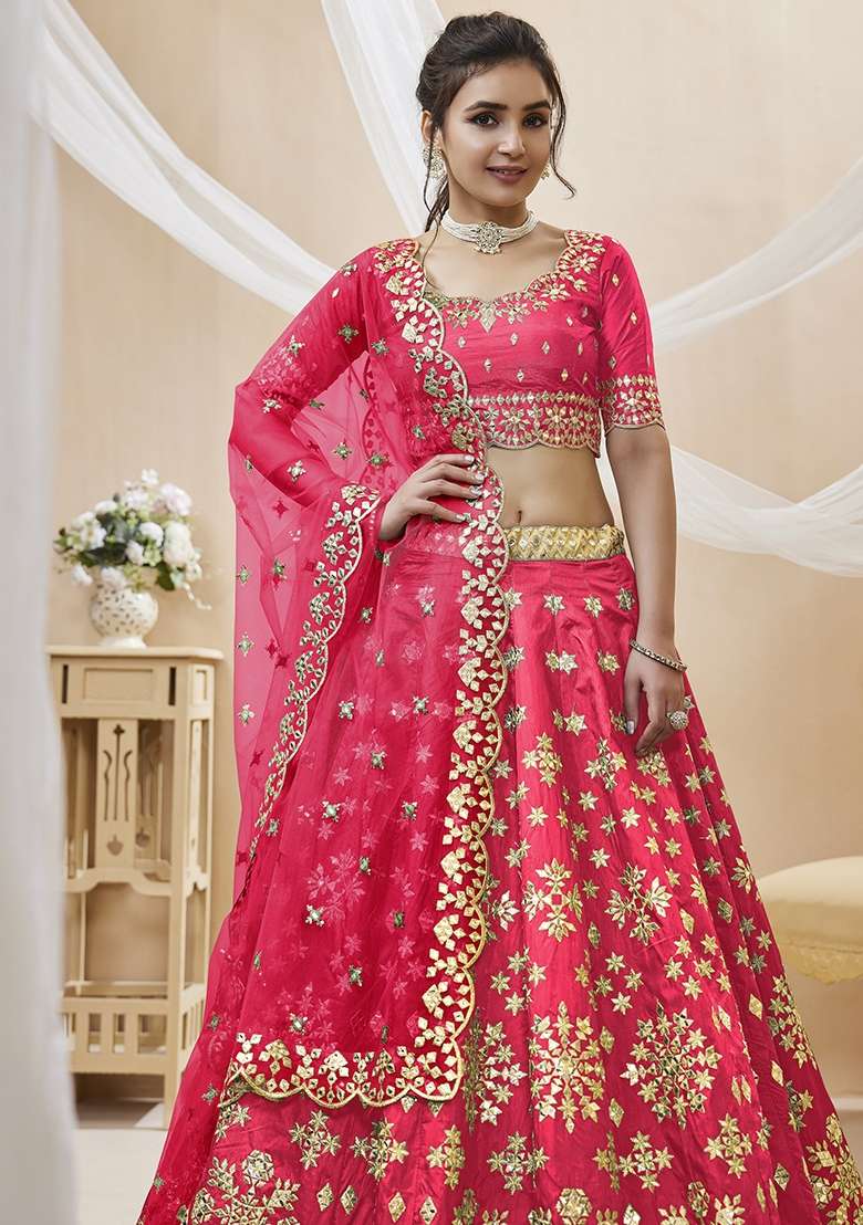 Pink Silk Blend Lehenga Set with Embroidery for Diwali | Wedding & Festive Wear - Indya