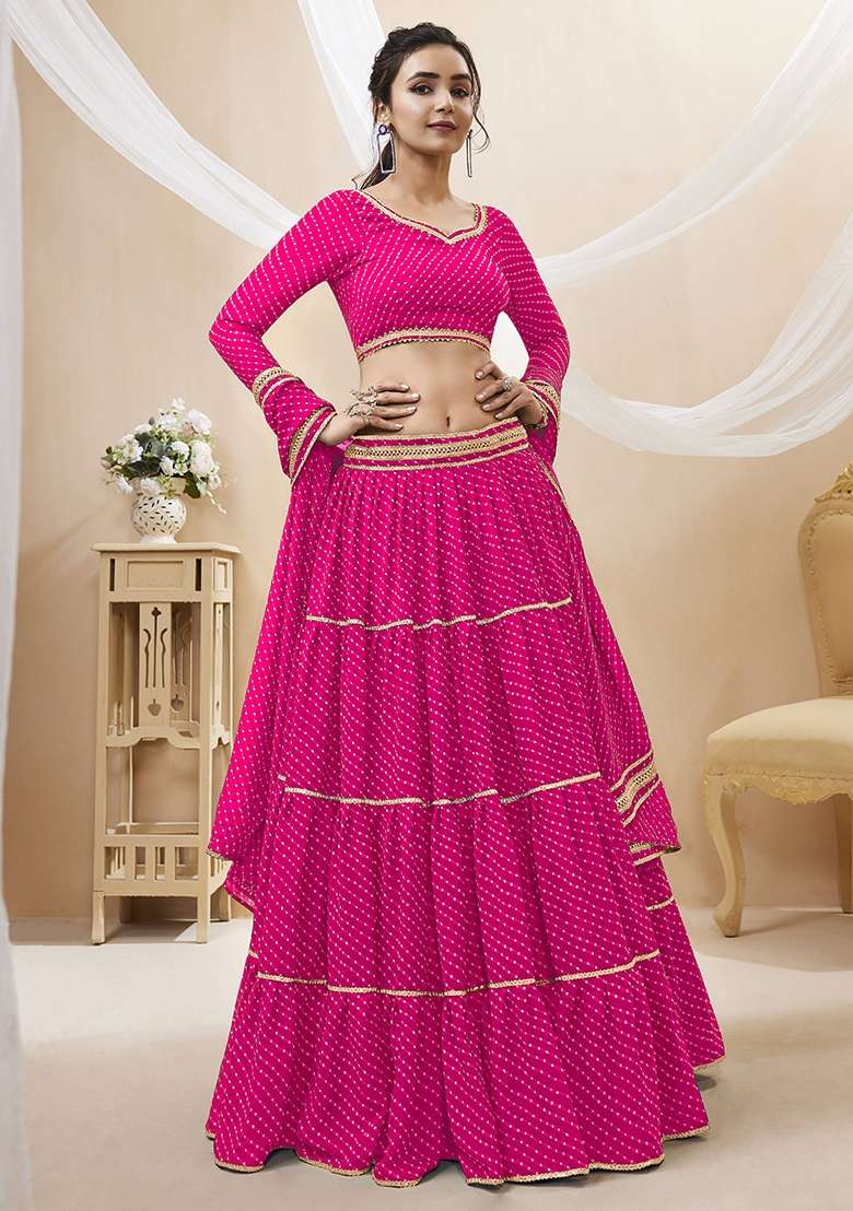 Pink Lehariya Georgette Lehenga Set for Diwali | Wedding & Festive Wear - Indya