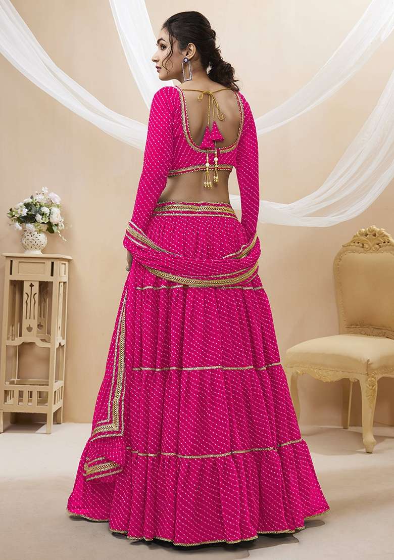 Pink Lehariya Georgette Lehenga Set for Diwali | Wedding & Festive Wear - Indya