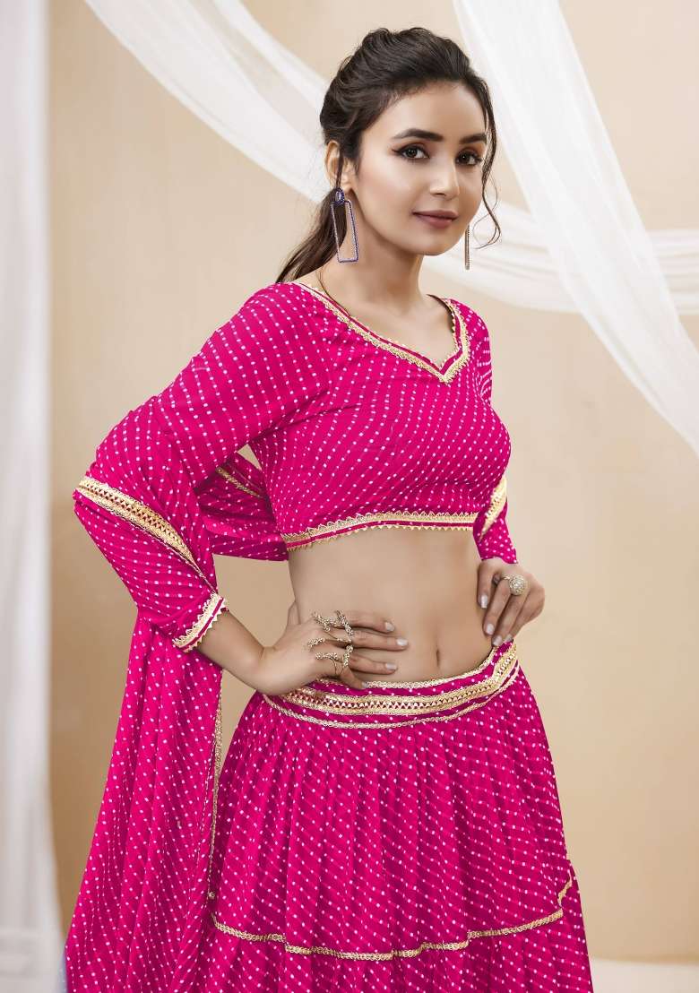 Pink Lehariya Georgette Lehenga Set for Diwali | Wedding & Festive Wear - Indya
