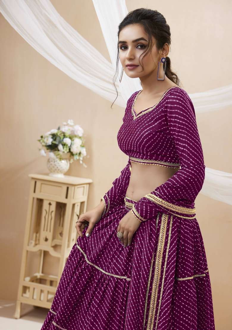 Purple Lehariya Georgette Lehenga Set for Diwali | Wedding & Festive Wear - Indya