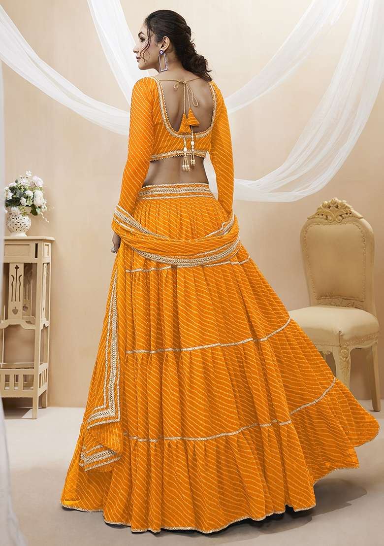 Orange Lehariya Georgette Lehenga Set for Diwali and Festive Wear - Indya