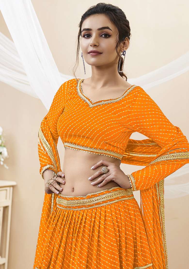 Orange Lehariya Georgette Lehenga Set for Diwali and Festive Wear - Indya
