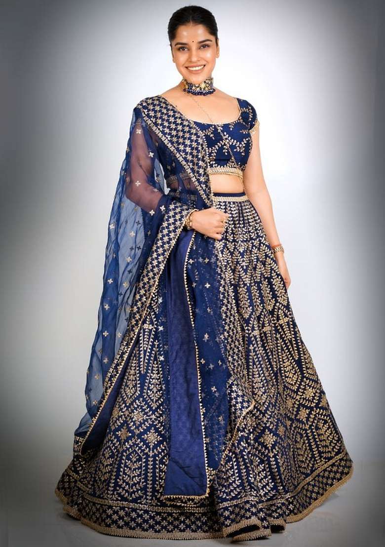 Blue Embroidery Silk Blend Lehenga Set for Diwali and Festive Wear - Indya