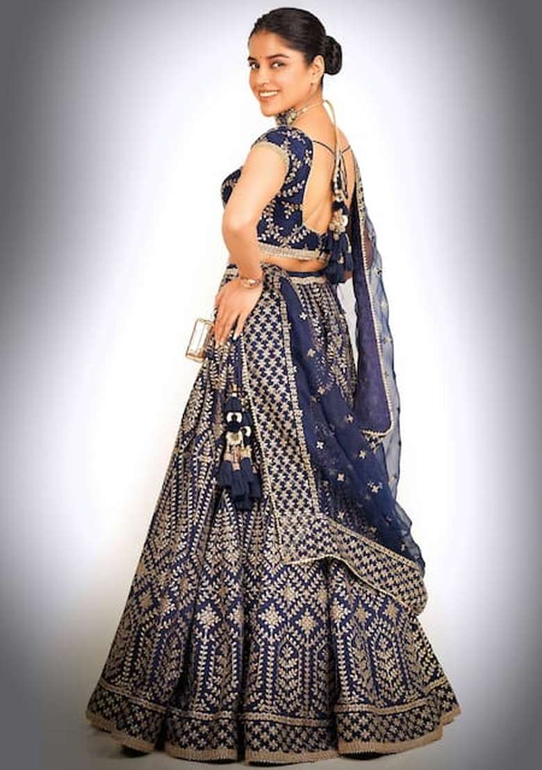 Blue Embroidery Silk Blend Lehenga Set for Diwali and Festive Wear - Indya
