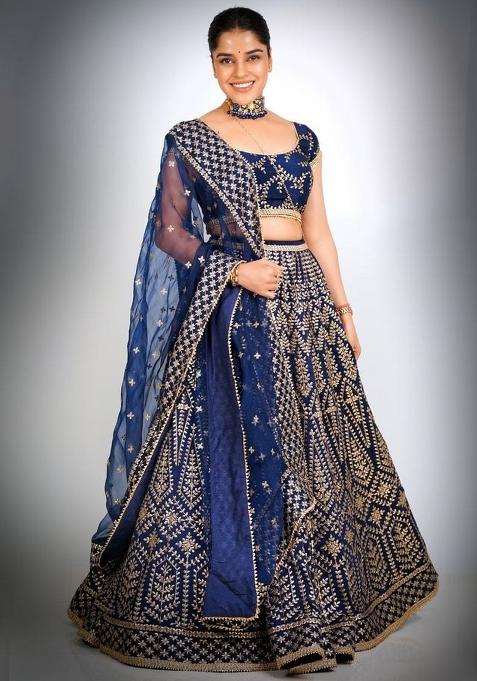Blue Embroidery Silk Lehenga Set